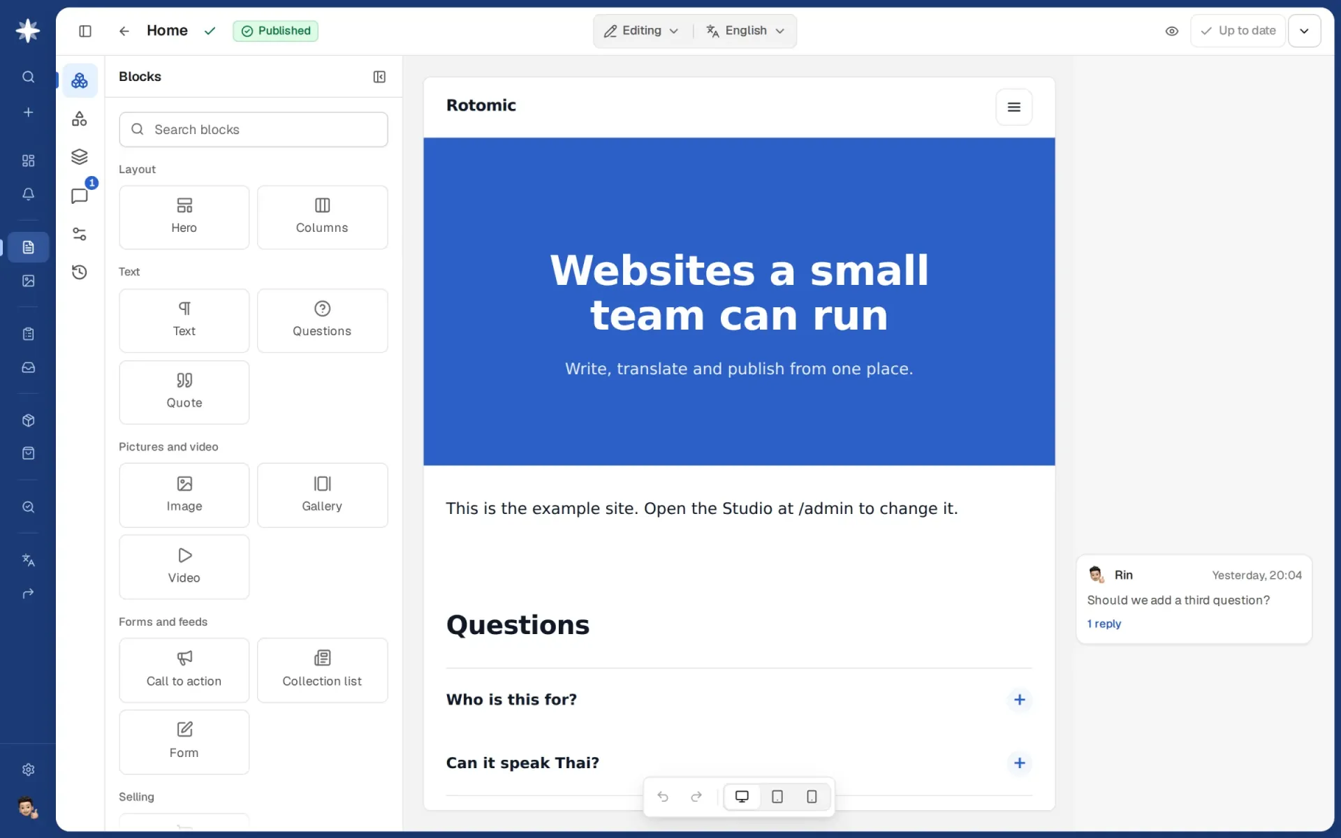 The Webseer Studio: a home page open for editing, with blocks on the left and a comment from a colleague in the margin.