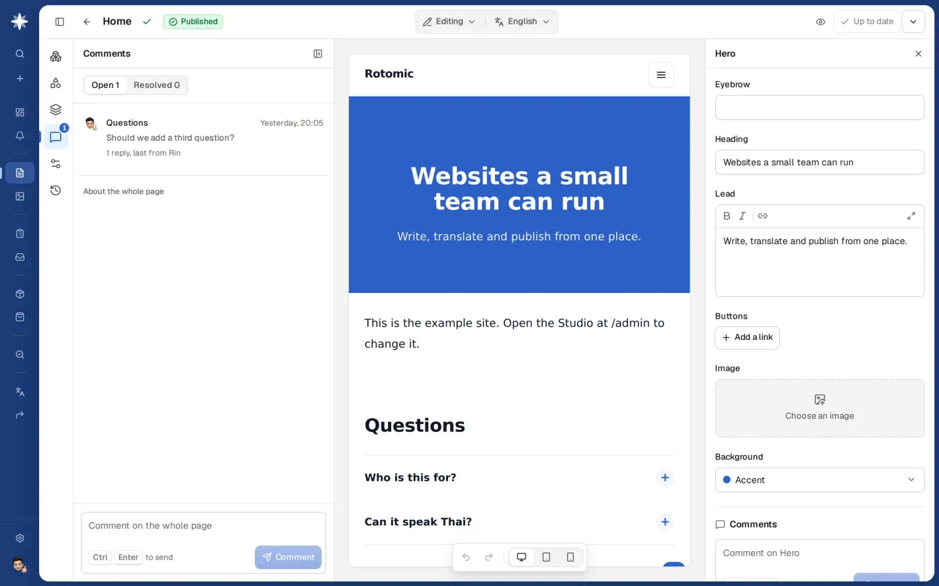 The visual editor with the page's main banner picked, and its heading and text beside it.